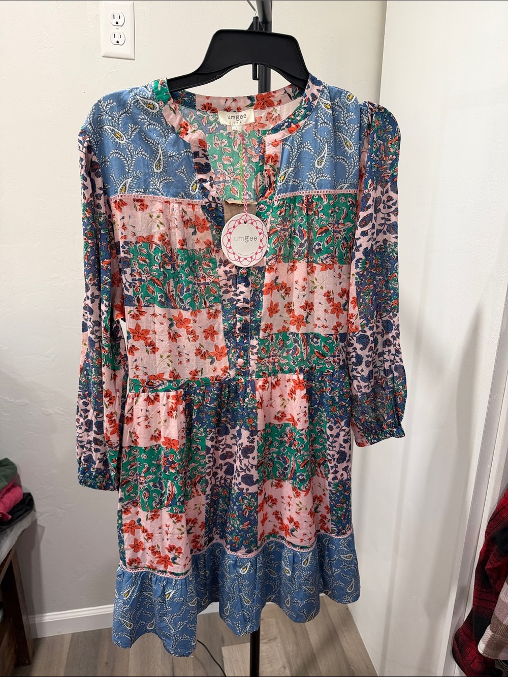 Umgee Multicolor Floral Patchwork Tiered Dress — Blue, Green & Pink